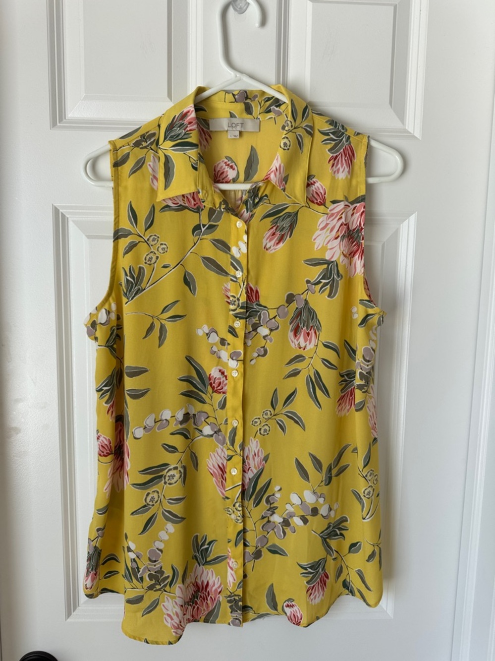 Loft - Floral Sleeveless Blouse - Large - Yellow with red, white gray